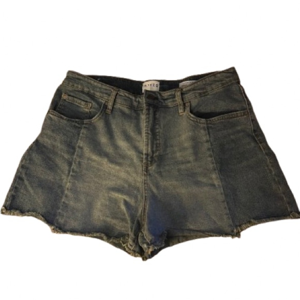 FRAYED High Waist Patch Work Denim Shorts